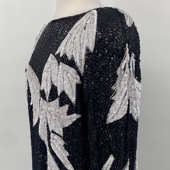 Vintage 80s Silk Beaded Sequined Evening Dress Asymmetric Black White Womens L - Picture 4 of 12
